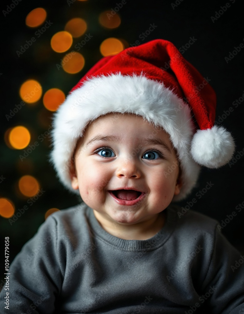 Joyful baby looking at camera in christmas costume Joyful baby looking at camera in christmas costume