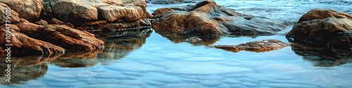 Seafoam Reflections: Soft waves lapping against a rocky shore photo