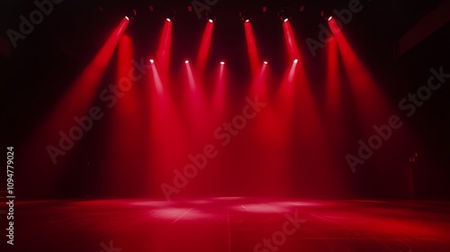  Free stage with lights and smoke, Empty stage with red spotlights, conser, show, party, Presentation concept. Red spotlight strike on black background  photo