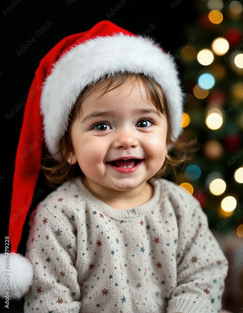 Joyful baby looking at camera in christmas costume Joyful baby looking at camera in christmas costume