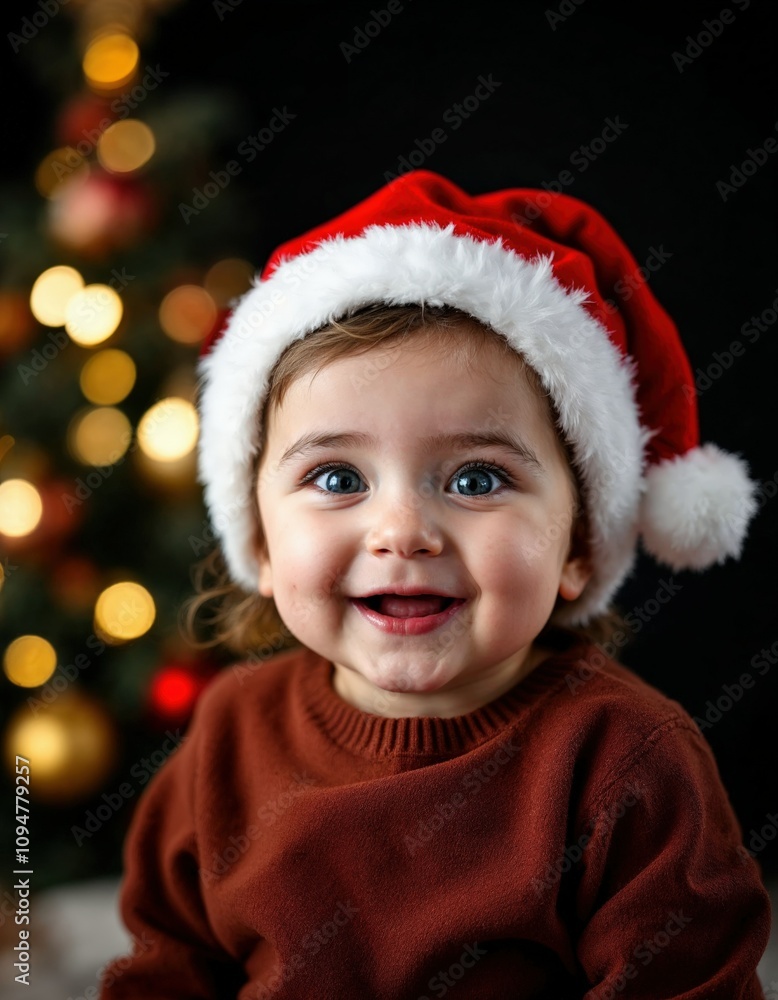 Joyful baby looking at camera in christmas costume Joyful baby looking at camera in christmas costume