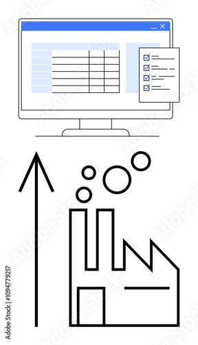 Computer monitor with a checklist and data table, upward arrow, and factory building with circles indicating production. Ideal for production planning, process optimization, business growth, digital