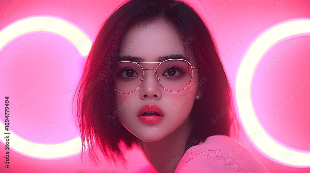 Stylish woman posing against vibrant neon backdrop Stylish woman posing against vibrant neon backdrop