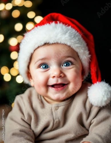 Joyful baby looking at camera in christmas costume 