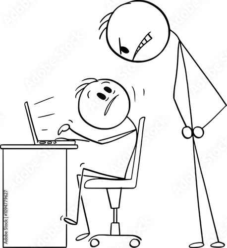 Office worker working on computer and angry boss watching him , vector cartoon stick figure or character illustration.