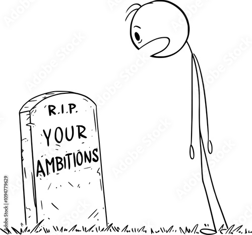 Shocked person looking at grave of his ambitions , vector cartoon stick figure or character illustration.