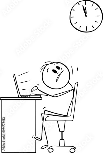 Office worker working on computer and looking at wall clock , vector cartoon stick figure or character illustration.