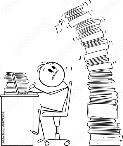 Overworked office worker working on computer , vector cartoon stick figure or character illustration.