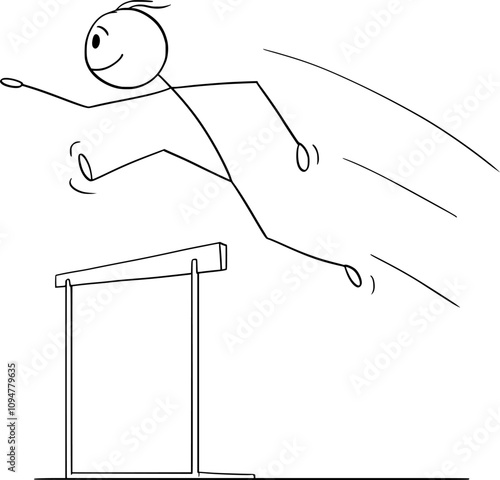 Person or athlete running and jumping over hurdles , vector cartoon stick figure or character illustration.