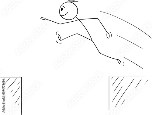 Person jumping over the pit or abyss, vector cartoon stick figure or character illustration.