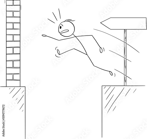 Person overcoming obstacle, jumping over abyss , vector cartoon stick figure or character illustration.