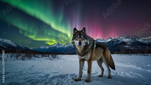 A wolf stands in a snowy landscape under vibrant northern lights and mountain peaks.