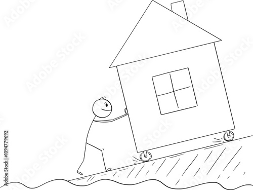 Person pushing and moves a family house from the flood , vector cartoon stick figure or character illustration.