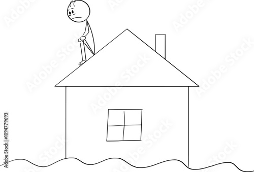 Person during flood sitting on family house roof , vector cartoon stick figure or character illustration.