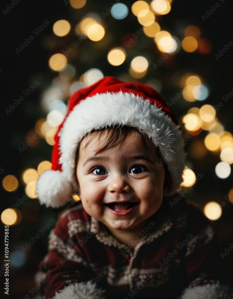 Joyful baby looking at camera in christmas costume Joyful baby looking at camera in christmas costume