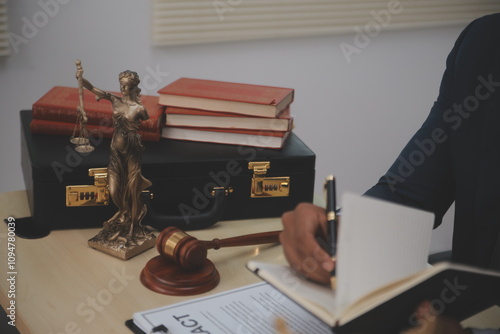 Law theme, gavel or mallet of the judge, lawyer enforcement officers, evidence-based cases taken into account in the court abount business, legislation. photo