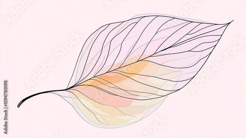 A single-line drawing of an abstract leaf, in a minimalist style, with a pink background and soft pastel color accents. photo