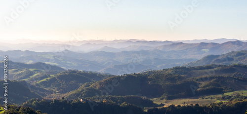 Fotografie View of the hills of Montefeltro in Italy, from the Pietrarubbia region under the Carpegna Mount in the Italian Marche, close to Emilia Romagna and Toscana
