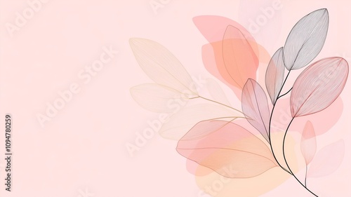 a single-line drawing of an abstract leaf, in a minimalist style, with a pink background and soft pastel color accents. this clipart design is suitable for social media and instagram stories. photo