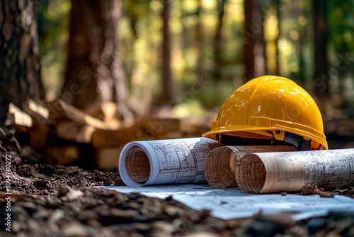 Safety Helmet and Blueprints in Forest Setting photo