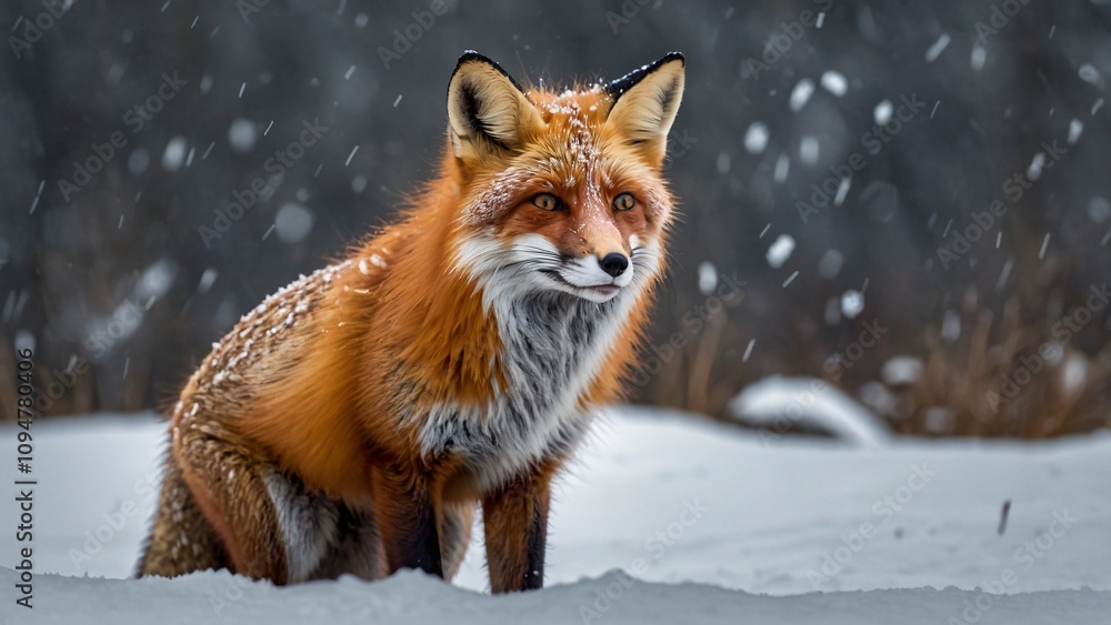 A majestic red fox sits in a snowy landscape, surrounded by falling snowflakes. A majestic red fox sits in a snowy landscape, surrounded by falling snowflakes.
