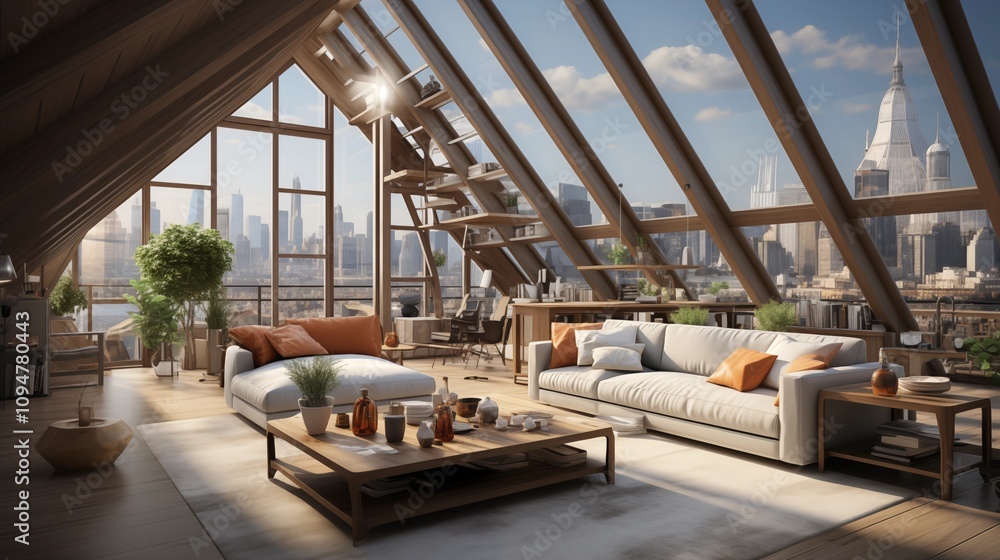 A 3D render of a spacious modern loft with industrial decor, open-plan layout, and large windows. A 3D render of a spacious modern loft with industrial decor, open-plan layout, and large windows.