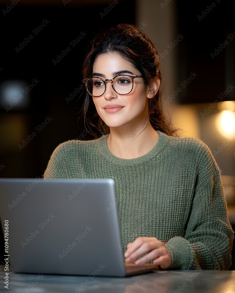 Young woman working on a laptop in a cozy indoor setting Young woman working on a laptop in a cozy indoor setting
