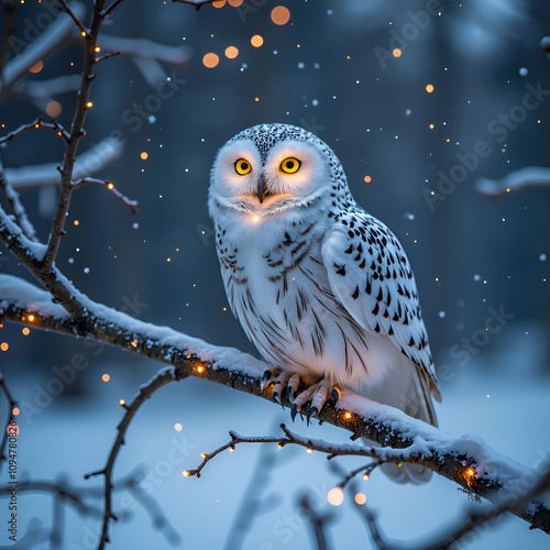 Snowy owl illuminated by soft lights amidst a snowy wonderworld, photorealistic of wildlife portrait concept. photo