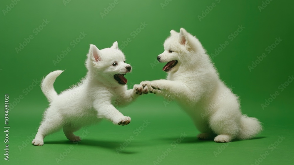 A mixed-breed white puppy playfully interacting with a Samoyed dog, set against a vibrant green background A mixed-breed white puppy playfully interacting with a Samoyed dog, set against a vibrant green background