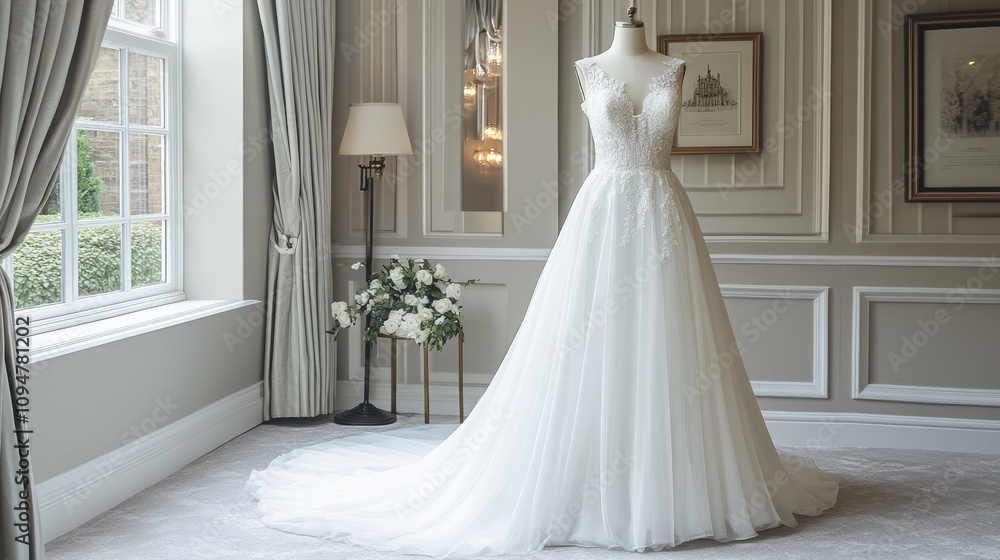 A pristine white wedding gown on a mannequin, displayed in an elegant bridal shop setting, perfect for luxury wedding marketing campaigns A pristine white wedding gown on a mannequin, displayed in an elegant bridal shop setting, perfect for luxury wedding marketing campaigns