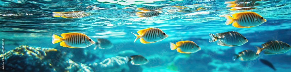 Naklejka premium Crystal Clear Depths: Schools of fish darting through pristine water