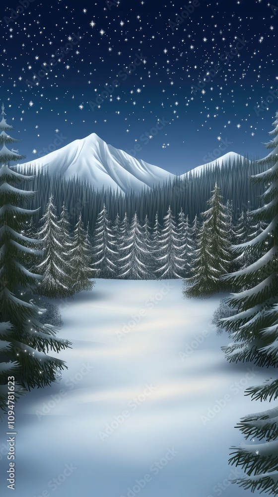 A breathtaking view captures a majestic snowy mountain peak under a star-filled sky, surrounded by evergreen trees in a fantastical setting A breathtaking view captures a majestic snowy mountain peak under a star-filled sky, surrounded by evergreen trees in a fantastical setting