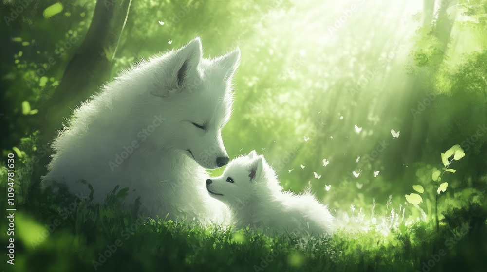 A tender moment between a Samoyed dog mother and her puppy, both enjoying the green nature around them A tender moment between a Samoyed dog mother and her puppy, both enjoying the green nature around them