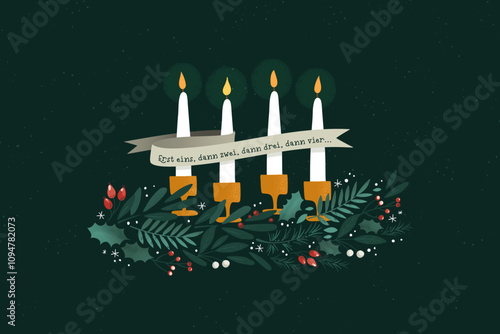 Cute hand drawn Advent wreath with candles, branches ant text in German "first one, then two, then three, then four" - great for First of Advent banners, wallpapers, cards