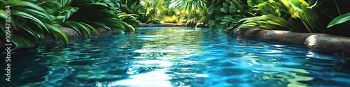 Aqua Oasis: A vivid pool of water, reflecting the sky above, surrounded by lush greenery.