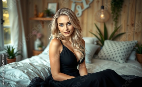 A beautiful woman sits on a bed wearing a stylish black dress, amidst warm lighting and decor that highlights her poise and the room's modern ambiance.