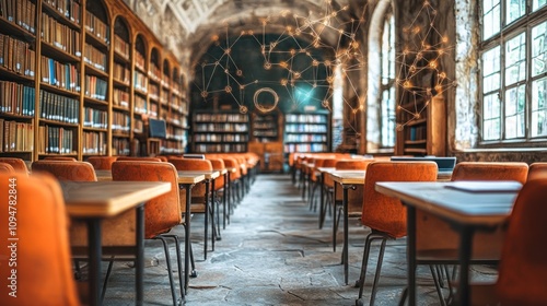 Library Interior with Rows of Desks and Bookshelves