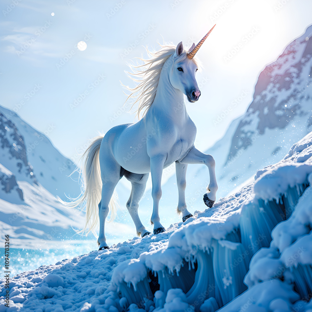 A graceful unicorn ascends a snowy mountain under the glimmering sunlight, digital art of fantasy concept. A graceful unicorn ascends a snowy mountain under the glimmering sunlight, digital art of fantasy concept.