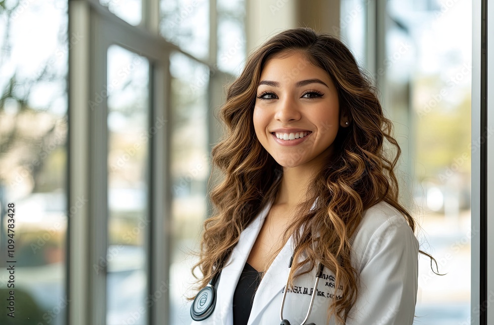 A portrait of an attractive female doctor smiling in her office, wearing professional attire with a white coat and brown blouse, and having curly hair, standing by the window. A portrait of an attractive female doctor smiling in her office, wearing professional attire with a white coat and brown blouse, and having curly hair, standing by the window.