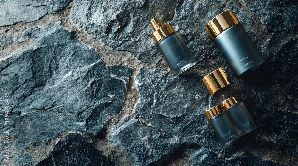 High-end cosmetic bottles with golden lids on a raw, rustic cobblestone surface, creating an elegant, minimalist aesthetic for a luxury beauty brand High-end cosmetic bottles with golden lids on a raw, rustic cobblestone surface, creating an elegant, minimalist aesthetic for a luxury beauty brand