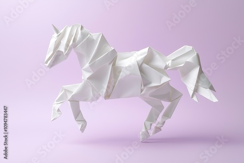 White paper origami horse standing in side view casting shadow on light purple backdrop