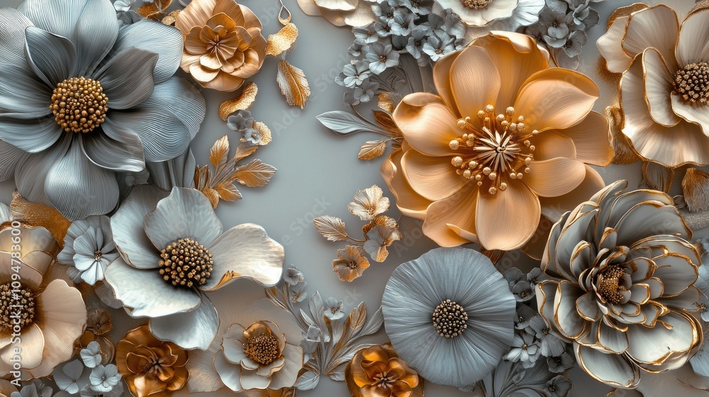 Fototapeta premium Luxurious and modern metallic floral design with 3D flowers, futuristic textures, and abstract elements, creating a stylish trend-forward aesthetic