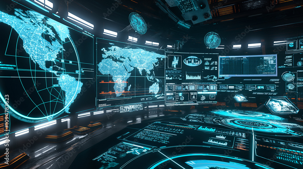 A cybersecurity command center with augmented reality interfaces tracking global threats, showing dynamic risk levels and protective measures. A cybersecurity command center with augmented reality interfaces tracking global threats, showing dynamic risk levels and protective measures.
