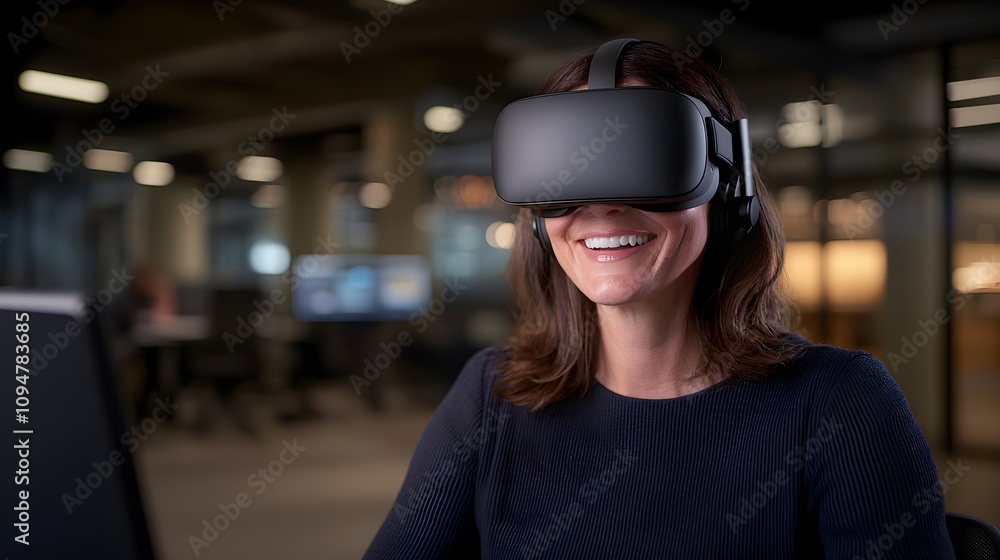 Woman experiencing virtual reality in a modern office setting Woman experiencing virtual reality in a modern office setting