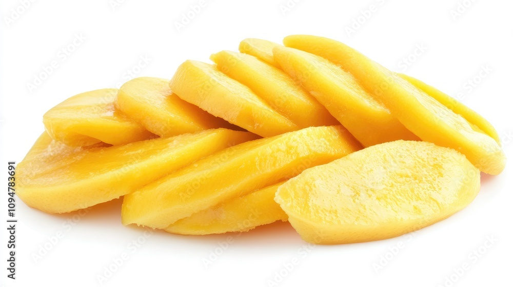 Neatly arranged slices of Thai mango on a white background, capturing the vibrant yellow hues for an appealing food presentation