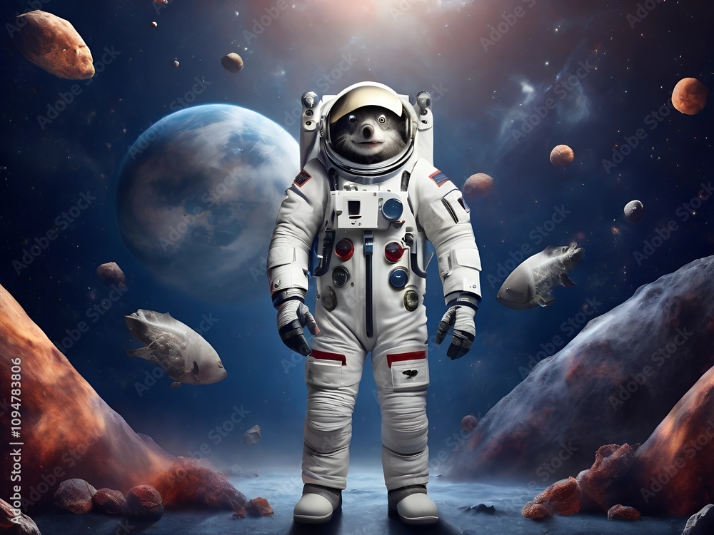 Fototapeta premium Animal Wolf in an astronaut suit in space AI generated