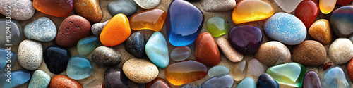 Sea Glass Treasures: A collection of smooth, weathered glass pebbles, scattered along the sand. photo