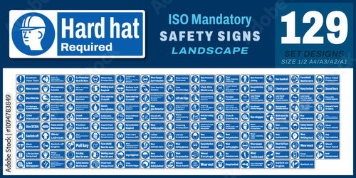 129 set ISO mandatory safety signs v61_hard hat required_landscape size 1/2 a4,a3,a2,a1 
