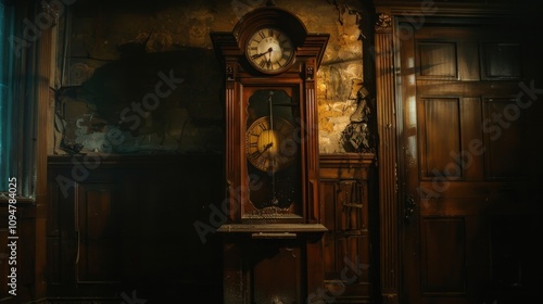 A grandfather clock with a face made of stitched together its pendulum swinging like a deranged metronome.