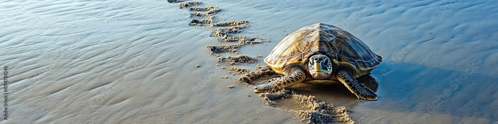 Sea Turtle Guardian: A marine turtle makes its way across the sand, leaving tracks in the damp sand. Sea Turtle Guardian: A marine turtle makes its way across the sand, leaving tracks in the damp sand.